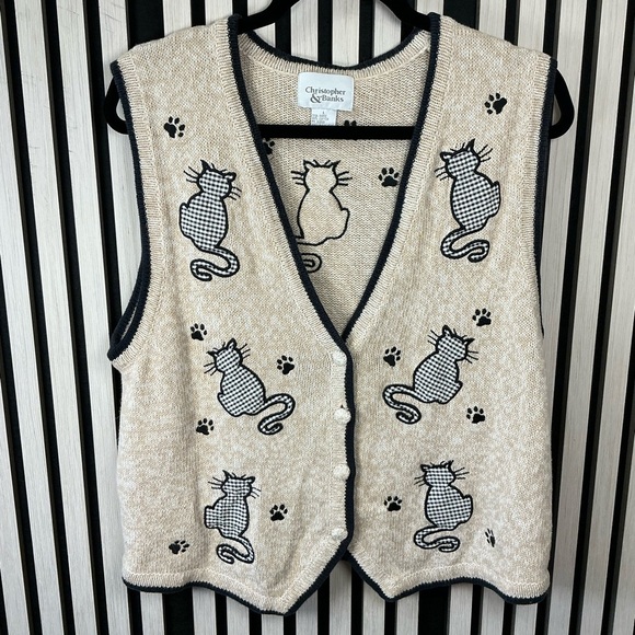 Christopher & Banks Sweaters - Christopher & Banks Beige Cat Pattern Vest Sz Lg
